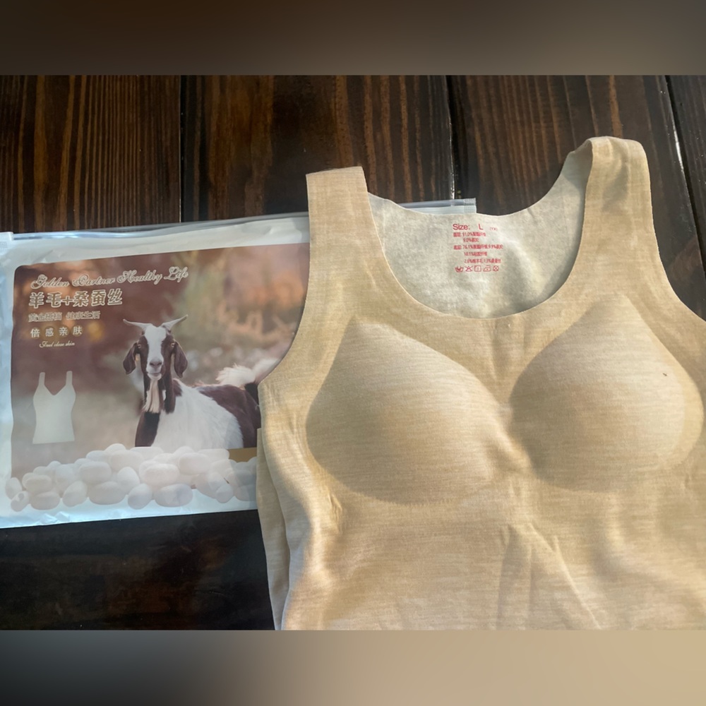 Very soft tank top with built-in bra made from goat hair.